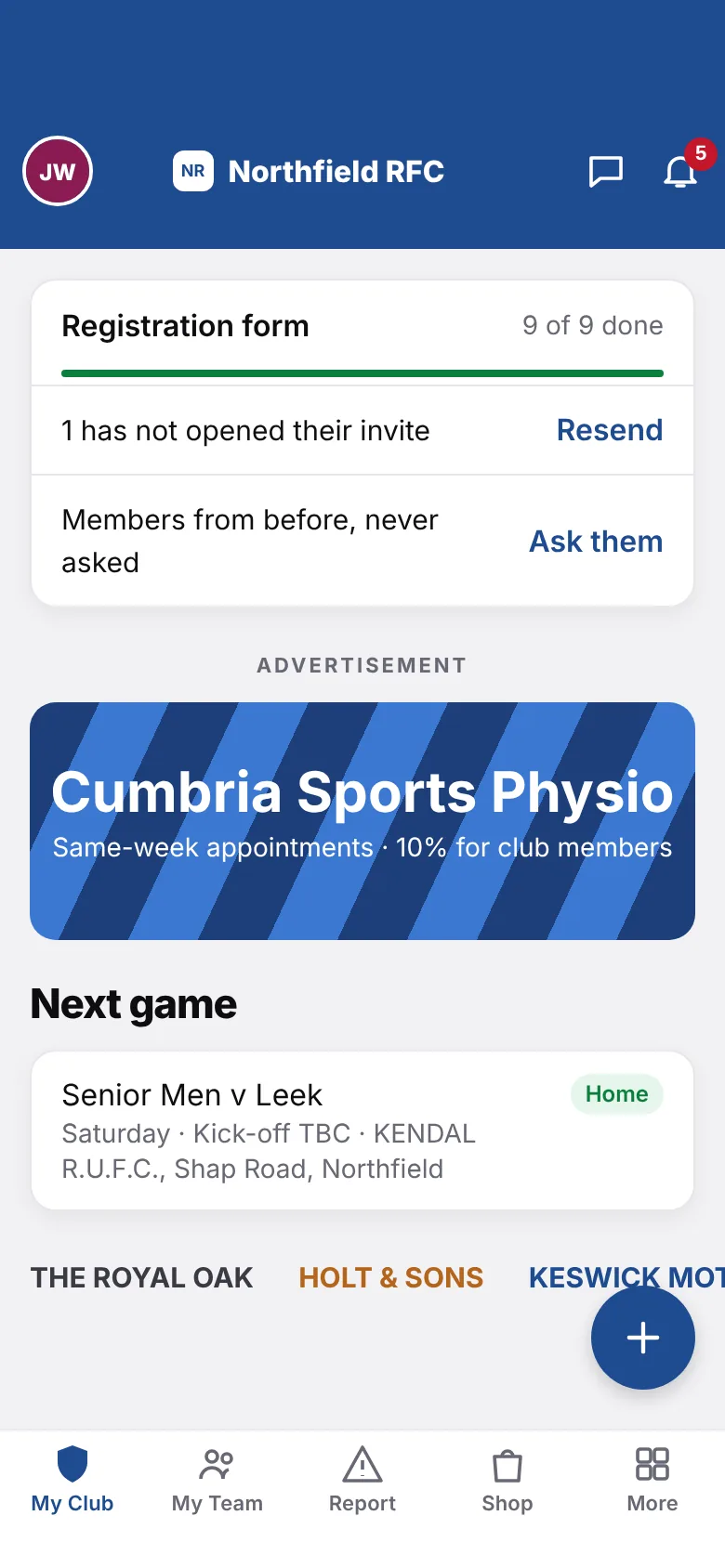 The Clubquay home screen for Northfield RFC, showing the registration form progress, a sponsor and the next game