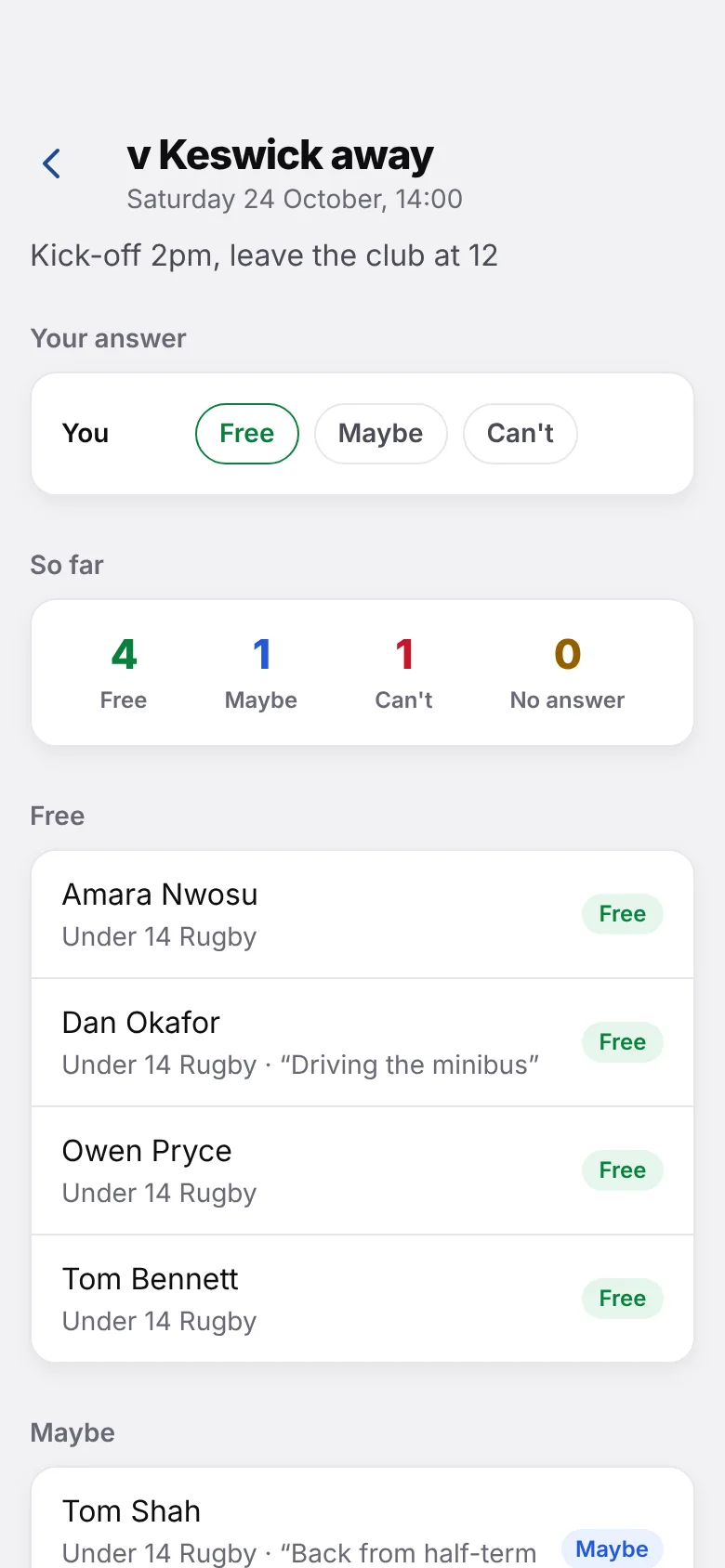 Availability screen for Under 14s v Keswick: 4 free, 1 maybe, 1 can't