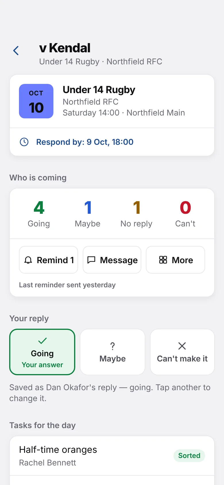 Match screen showing who is coming, reminders and your reply