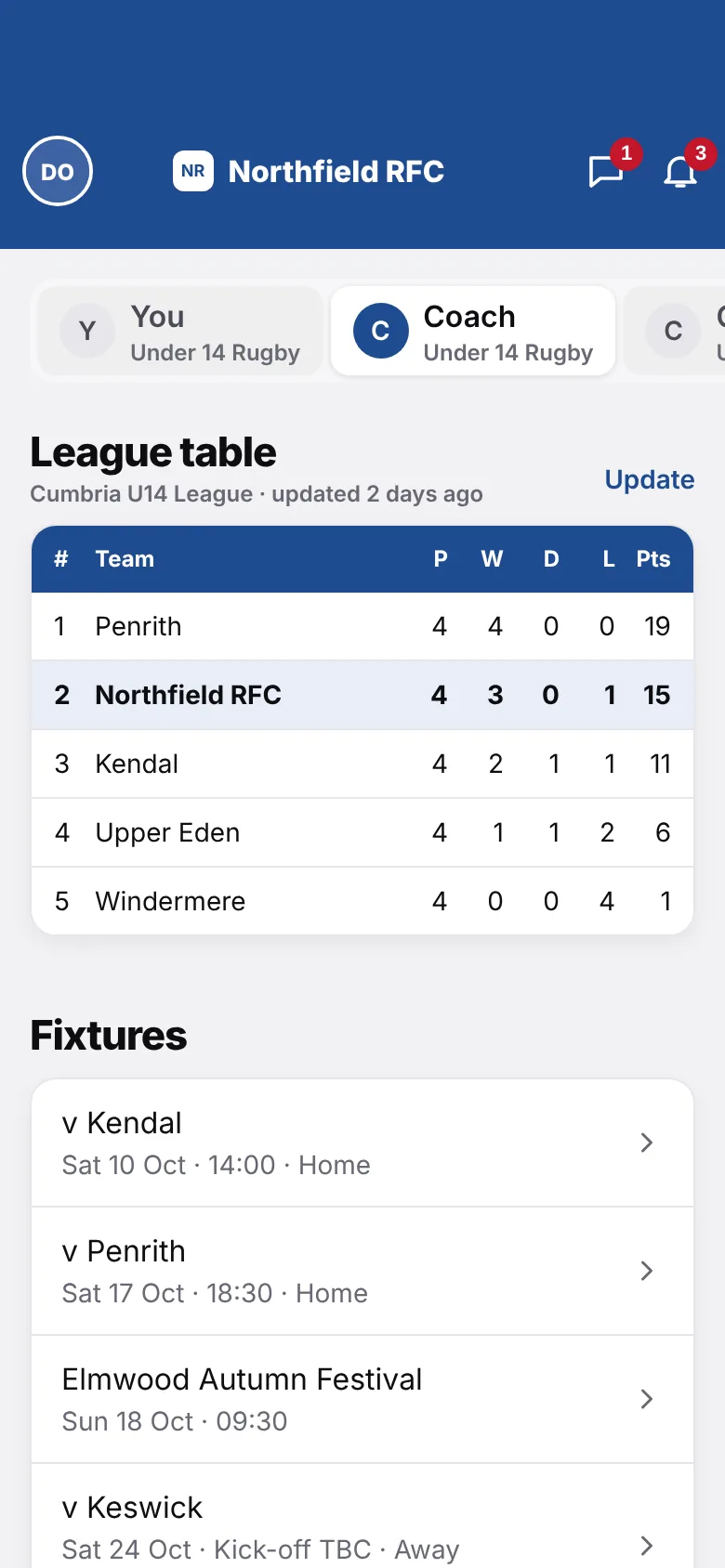 My Team screen with the Under 14s league table and fixtures